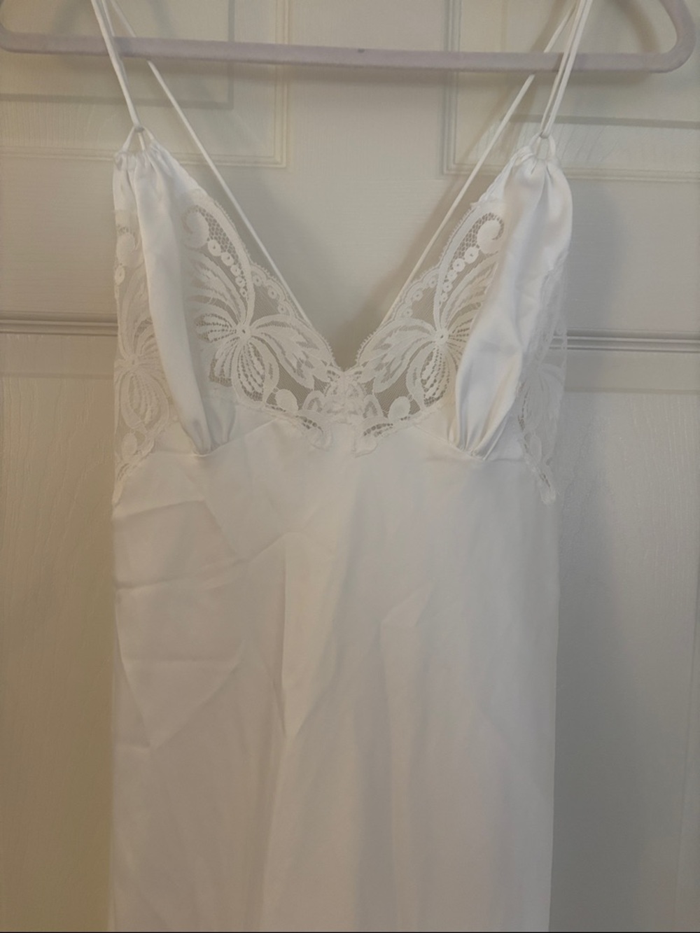 Lily of France Vintage Old Hollywood Glamour White Satin and Lace-Trim Nightgown